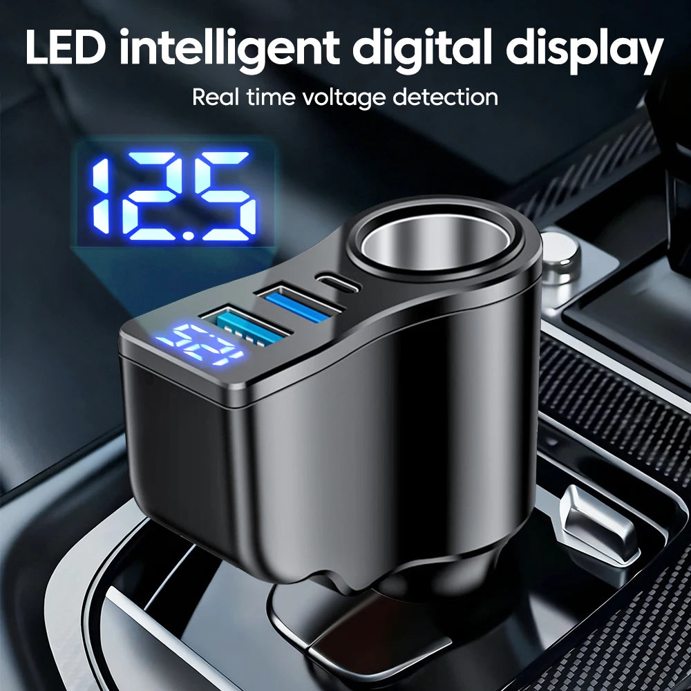 カーチャージャー シガーソケット 4ポート 60W USB PD対応 増設 ソケット 電圧計 LED ディスプレイ 車載 充電器 12V 24V 汎用 ブラック