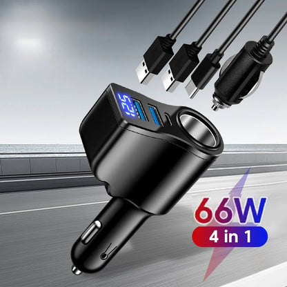 カーチャージャー シガーソケット 4ポート 60W USB PD対応 増設 ソケット 電圧計 LED ディスプレイ 車載 充電器 12V 24V 汎用 ブラック