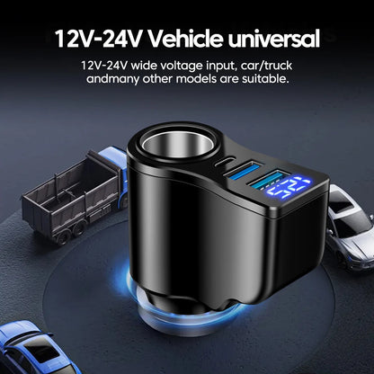 カーチャージャー シガーソケット 4ポート 60W USB PD対応 増設 ソケット 電圧計 LED ディスプレイ 車載 充電器 12V 24V 汎用 ブラック