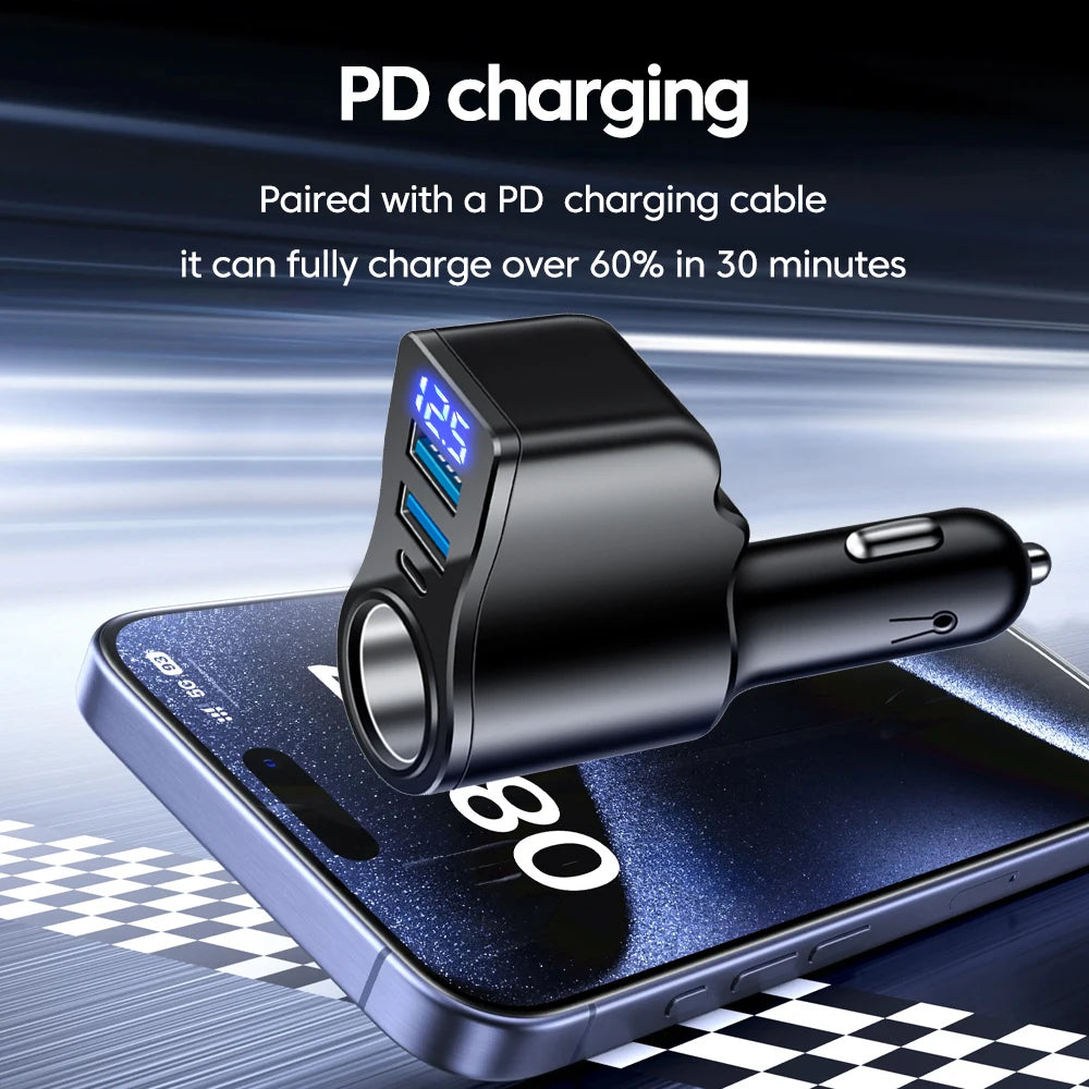 カーチャージャー シガーソケット 4ポート 60W USB PD対応 増設 ソケット 電圧計 LED ディスプレイ 車載 充電器 12V 24V 汎用 ブラック
