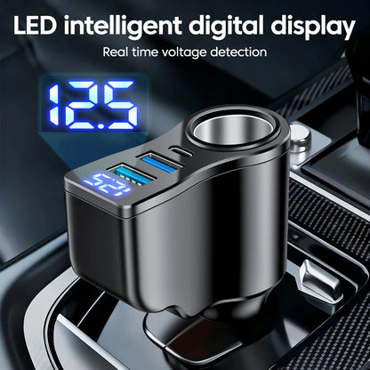 カーチャージャー シガーソケット 4ポート 60W USB PD対応 増設 ソケット 電圧計 LED ディスプレイ 車載 充電器 12V 24V 汎用 ブラック